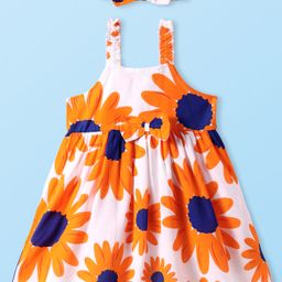 Babyhug Cotton Woven Sleeveless Frock With Sunflower Print & Headband - White-picture-18