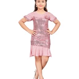 Lei-Chie Half Cold Shoulder Sleeves Floral Applique Detailed & Sequins Embellished Dress - Pink-image-77