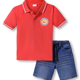 Babyhug Single Jersey Knit Half Sleeves Polo T-Shirt & Denim Shorts Set with Patch Detailing - Red & Blue-image-52