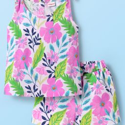 Babyhug Single Jersey Knit Sleeveless Top & Shorts Co-Ord Set With Floral Print - White-image-85