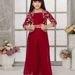 Tiny Kingdom Georgette Floral Embroidered Top Palazzo With Three Fourth Sleeves Jacket Set - Pink-image-10