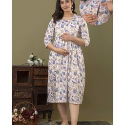 CeleBravo Three Fourth Sleeves Floral Printed Maternity Dress With Nursing Access - White-image-48