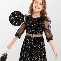 Hola Bonita Knit Full Sleeves Sequin Velvet Party Dress With Belt - Black-picture-47