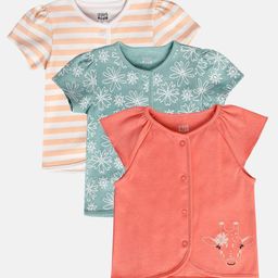 MINI KLUB Cotton Pack Of 3 Half Sleeves Striped & Floral Printed Jhablas - Pink Blue & White-image-97