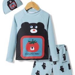 KIDLINGSS Full Sleeves Teddy Bear Printed 2 Piece Swimsuit With Cap Set - Teal Blue-image-79