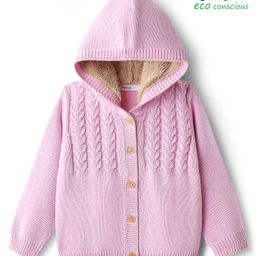 Babyoye 100% Cotton Knit Full Sleeves Front Open Hooded Sweater with Cable Knit Design - Light Pink-picture-32