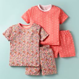 Kidi Wav Pack Of 2 Half Sleeves Floral & Polka Dots Printed Tees & Coordinating Shorts Set - Multi Colour-image-11