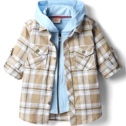 Rikidoos Full Sleeves Checked Shirt With Attached Solid Hooded Tee - Beige & Sky Blue-picture-38