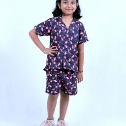 Tilism Knit Half Sleeves Flamingoes Printed Coordinating Shirt & Shorts Night Suit Set - Multi Colour-picture-39