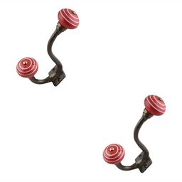 IndianShelf Red & White 2 Pcs Stripe Ceramic Wall Hooks-11