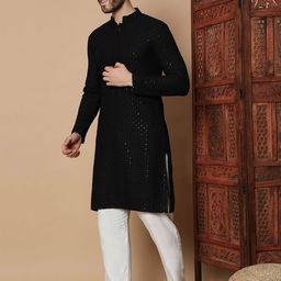 GLITO Men Ethnic Motifs Embroidered Regular Sequinned Kurta with Pyjamas image 3