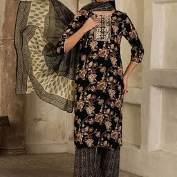 Sangria Floral Embroidered Thread Work Pure Cotton Straight Kurta With Trousers & Dupatta-image-64