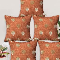 Blue Grass Rust & Gold-Toned 5 Pieces Floral Printed Velvet Square Cushion Covers-image-24