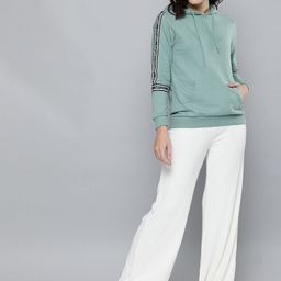 HERE&NOW Women Green Side Taped Hooded Pullover Sweatshirt-image-20
