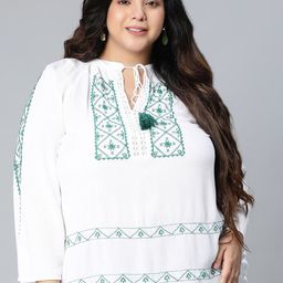 Oxolloxo Women Plus size White & Green Geometric Embroidered Tie-Up Neck Crepe Top-picture-2