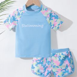 Pine Active Half Sleeves Two Piece Swimsuit Splash Print- Blue-image-44