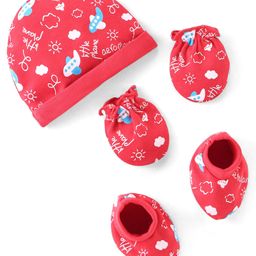 Babyhug 100% Cotton Knit Cap Mittens & Booties With Aircraft Print Pink - Diameter 11 cm-picture-13