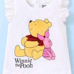 Babyhug Disney Cotton Knit Frill Sleeves Winnie The Pooh Graphics Top with Schiffili Detailing - White-image-59