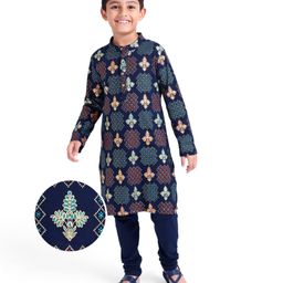 Earthy Touch Single Jersey Knit Full Sleeves Foil Printed Kurta Pyjama Set - Navy Blue-image-50