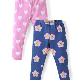Babyhug Cotton Lycra Knit Full Length Leggings With Hearts & Floral Print Pack Of 2 - Pink & Navy-image-46