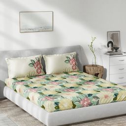 DDecor Green Pink Floral Cotton 144 TC Queen Bedsheet With 2 Pillow Covers-28