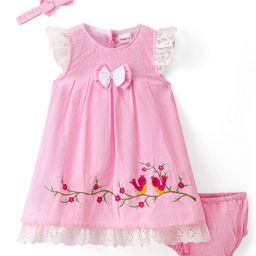 Babyhug Cotton Woven Frill Sleeves Floral Embroidered & Lace Detailing Frock With Bloomer & Headband - Pink-image-50