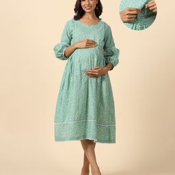 Ikk Kudi by Seerat Cotton Three Fourth Sleeves Abstract  Printed Dress With Concealed Zipper Nursing Access - Turquoise-image-97