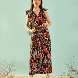 Cherry & Jerry Sleeveless Abstract Printed Ruffled Waist Tie Up Jumpsuit - Black-image-1