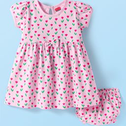Babyhug Single Jersey Knit Half Sleeves Floral Printed Frock with Bloomer & Bow Applique - Pink-image-52