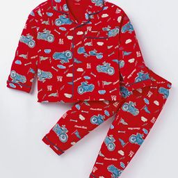 Cucumber Sinker Knit Full Sleeves Front Open Night Suit With Motorcycles Print - Red-image-50