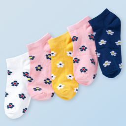 Honeyhap Premium Cotton Bamboo Spandex With Bio Finish Socks With Floral Print Pack of 5 - Limoges Bright White Snapdragon & Gosammer Pink-image-99