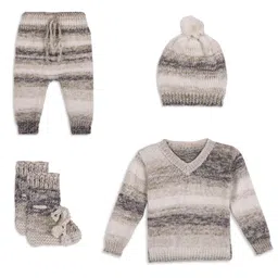 Windrop Solutions Wool Full Sleeves Crochet Striped Sweater With Coordinating Pajama Cap & Booties Set - Multi Colour-picture-22