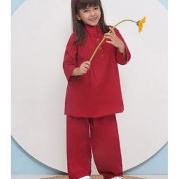 AJ Dezines Full Sleeves Pin Tuck Detailed Solid Coordinating Kurta With Salwar Set - Maroon-image-19