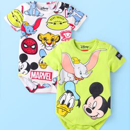 Babyhug Disney Interlock Knit Half Sleeves Onesies With Disney Character Detailing Pack of 2 - Green & White-image-61
