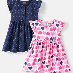 Babyhug Cotton Knit Frill Sleeves Frocks With Heart & Polka Dot Print & Bow Applique Pack of 2 - Navy Blue & White-image-67