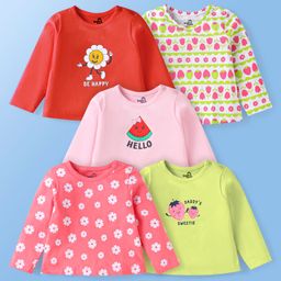 Doodle Poodle 100% Cotton Knit Full Sleeves T-Shirts with Floral & Heart Print Pack of 5 - Red Pink & Lime Green-image-51
