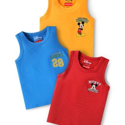 Babyhug Disney Interlock Knit Sleeveless Vests with Mickey Mouse Graphics Pack of 3 - Red Yellow & Blue-image-59