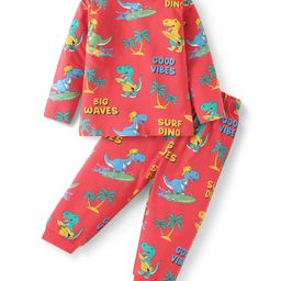 Babyhug Cotton Knit Full Sleeves Night Suit With Dino Print - Red-image-68