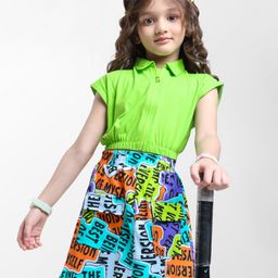 Ollington St. Cotton Half Sleeves Top & Printed Skirt Set - Lime Green & Multicolor-image-51