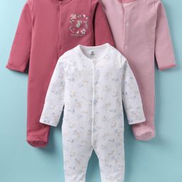 I Bears Interlock Knit Full Sleeves Striped & Floral Printed Footed Sleep Suits Pack of 3 - White & Pink-image-25