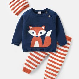 Babyhug Organic Cotton Knitted Full Raglan Sleeves Pullover Sweater Set with Cap Striped & Fox Design - Royal Blue & Orange-image-37