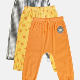 MINI KLUB Cotton Pack Of 3 Solid & Striped Diaper Pajamas - Yellow Orange & White-image-14