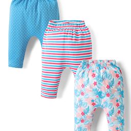 Babyhug Cotton Knit Full Length Leggings With Stripes & Floral Print Pack Of 3 - Light Blue & Dark Pink-image-68