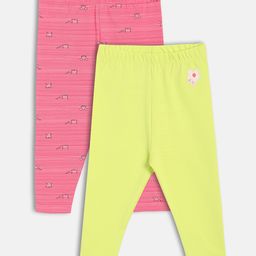 MINI KLUB Cotton Knit Pack Of 2 Baby Animals Printed & Floral Embroidered Leggings - Pink & Yellow-picture-10