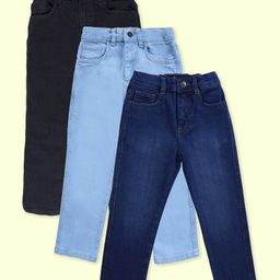 Kiddopanti Denim Woven Pack Of 3 Solid & Washed Jeans - Black Medium & Light Blue-image-8