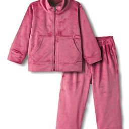 Kanvin Velour Knit Full Sleeves Winter Wear Solid Colour Co-Ords Front Open Sweatshirt with Kangaroo Pockets & Lounge Pant Set - Pink-picture-0