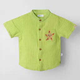 kids of greendeer Greendeer 100% Softner Washed Muslin Cotton Woven Half Sleeves Starfish Embroidered Shirt - Green-picture-1