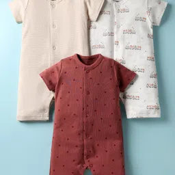 I Bears Interlock Knit Half Sleeves Rompers With Vehicle Print Pack Of 3 - Maroon White & Tan-picture-12
