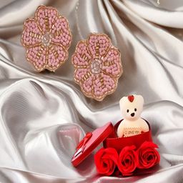 UNIVERSITY TRENDZ 2Pcs Red & White Floral Earrings & Teddy Gift Set-20