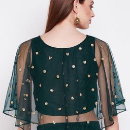 studio rasa Green & Gold-Toned Sequin Embroidered Net Cape Crop Top image 4